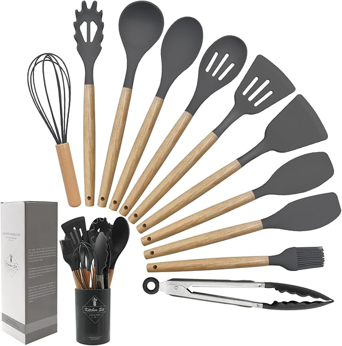 Kitchen Utensils Set of 12, Silicone Cooking Utensils with Non-Slip Wooden Handle and Organizer Bucket, 446°F Heat Resistant Cookware Utensils Set (Dark Grey)
