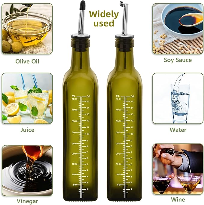 17oz 4 Pcs Scale Olive Oil Dispenser Bottle,500ml Glass Oil and Vinegar Dispenser Set with 4 Stainless Steel Pourers, 8 Labels,Funnel Oil Bottles for Kitchen (Green)
