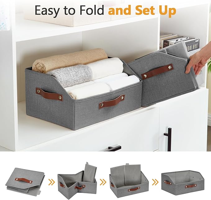 Closet Organizers and Storage, Linen Trapezoid Storage Bins with Handles, Gray