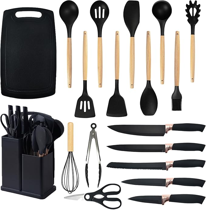 Cooking Utensils Set,19 Kitchen Set Utensils Set with 11 Pieces Spatula Cooking Utensils,Heat Resistant Silicone Utensils 6 Piece Sharp Knife Set 2 Pieces Utensil Cutting Board (Black 19 PCS Set)