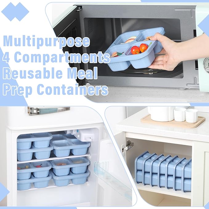 Ziliny 12 Pcs 4 Divided Compartments Snack Containers Bento Wheat Straw Snack Box with Lid Reusable Meal Prep Lunch Box Food Storage Containers for Adults Christmas Travel Work Gifts(Blue)