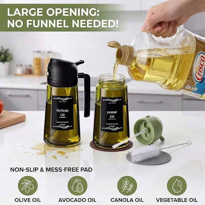 2pcs Oil Sprayer for Cooking;16oz/470ml 2 in 1 oil dispenser and oil sprayer;Light-Blocking Dark Green Glass Oil Bottle for Air Fryer, BBQ, Kitchen Gadgets with cleaning brush,Non-slip mat
