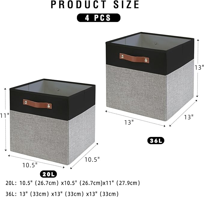 Bagnizer Collapsible Fabric Storage Cube Bins with 2 Reinforced PU Handles, Foldable Storage Organizer Baskets for Closet, Shelves, Living Room | 11"x11"x11", 4 Pack, Black & Gray
