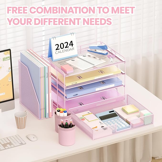 OPNICE Desk Organizer, 4-Tier Desktop File Organizer with Drawer and 2 Pen Holders, Office Desk Accessories, File Sorters