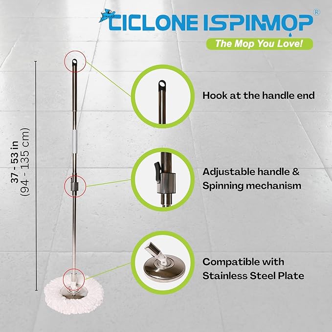 Stainless Steel Mop Handle 37" to 53" Long - Heavy Duty Spin Mop Replacement Stick - Commercial & Industrial Use Suitable for Home, Office, Hospitals, Hotels for Floor Cleaning