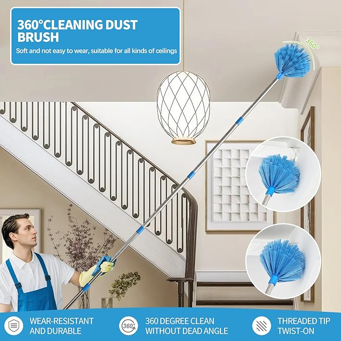 High Reach Duster Kit with14 ft Extension Pole High Ceiling Dusting and Window Cleaning Kit with Spliceable Pole - Cobweb Duster, Fan Blade