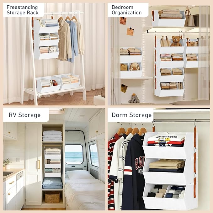 Hanging Closet Organizer Extra Large, Clothes Hanging Shelves for Closet with Divider, Collapsible Closet Storage System, Fabric Storage Bins for Home