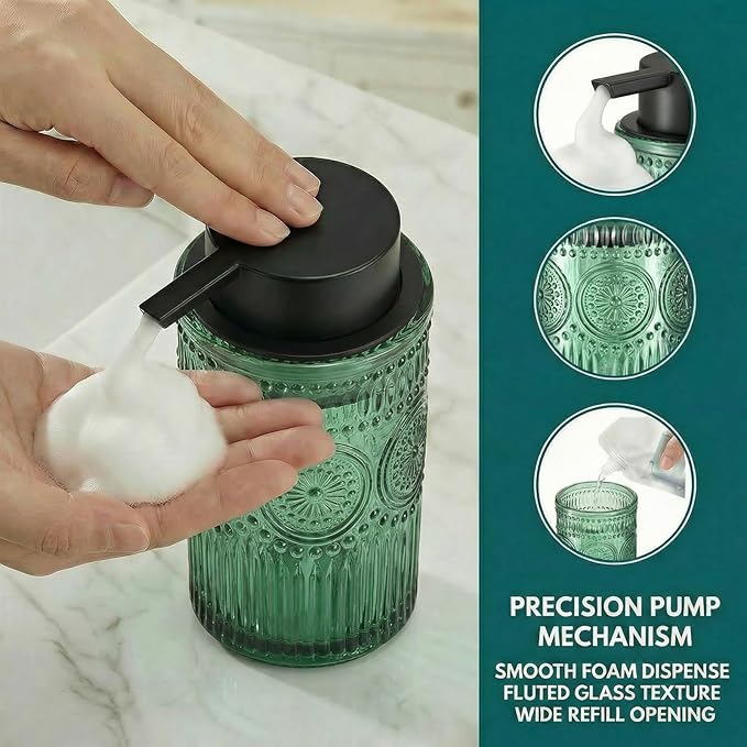 Green Glass Foaming Hand Soap Dispenser with Matte Black Pump Decorative Thick Embossed Bottle Refillable for Bathroom and Kitchen 12 fl oz