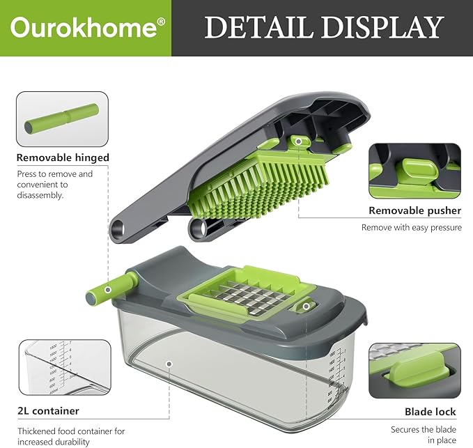 Ourokhome Food Chopper Manual Hand with Container, Mandolin Vegetable Slicer Onion Dicer with 8 Blades, Veggie Shredder for Potato, Tomato, Essential Kitchen Gadgets (8 in 1, Gray)