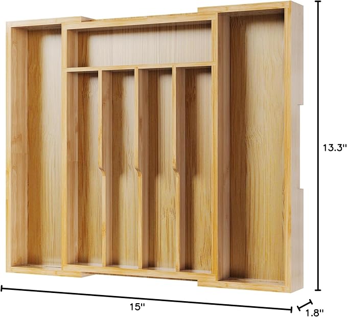 Kitsure Silverware Organizer - Expandable Bamboo Kitchen Drawer Organizer for Cooking Utensils and Cutlery