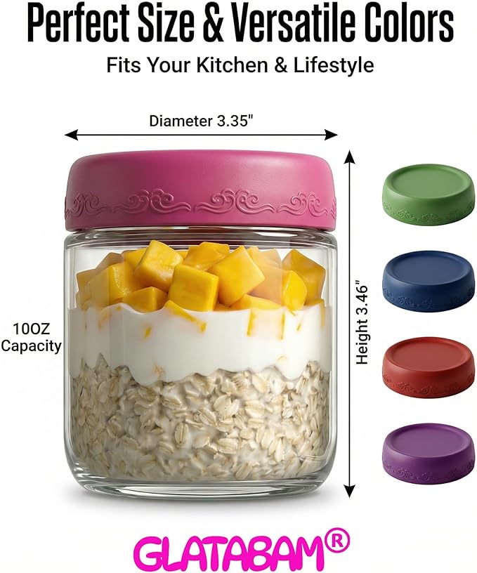 10 OZ 4Pack, Overnight Oats Jars with Lids, Glass Meal Prep Containers, Airtight Mason Jars for Breakfast, Yogurt Parfait, Salad & Smoothies