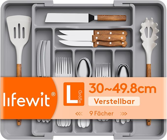 Lifewit Utensil Organizer for Kitchen Drawer, Expandable Cooking Silverware Tray, Adjustable Cutlery Flatware Holder, Plastic Spatula Tools Storage Divider, 11.8-19.6 x 15", Gray
