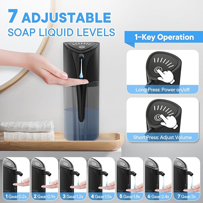 Automatic Liquid Soap Dispenser, 15.83 oz/450mL USB C Rechargeable Soap Dispenser, 7 Adjust Volume Touchless Hand Sanitizer Dispenser, Motion Sensor Waterproof Pump for Bathroom Kitchen (Black)