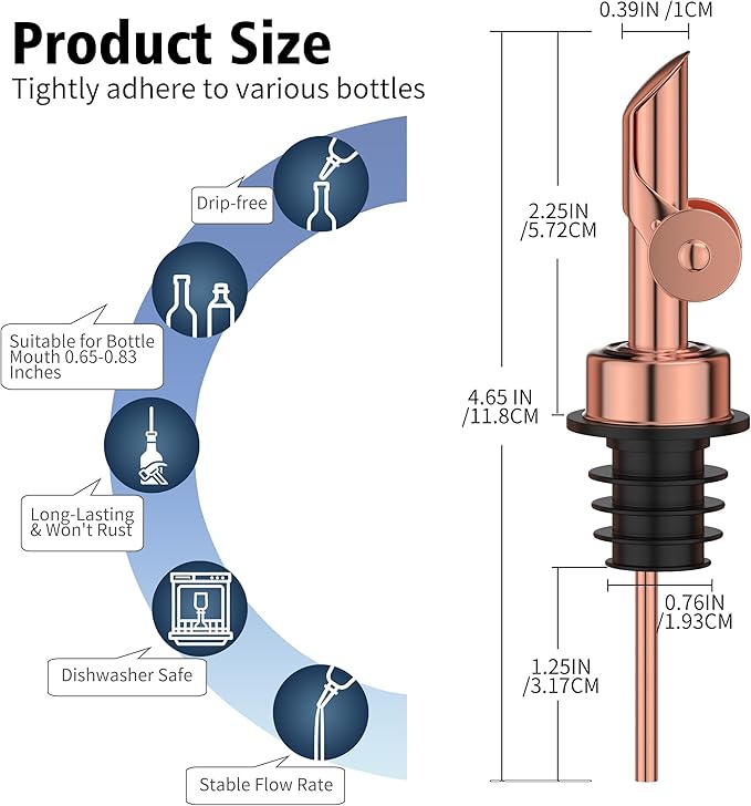 Auto Flip Liquor Pour Spouts 12-Pack, Leak-Proof 304 Stainless Steel Wine Pourer & Olive Oil Dispenser with Food-Grade Silicone for Kitchen, Bar, Restaurant (Goldrose)
