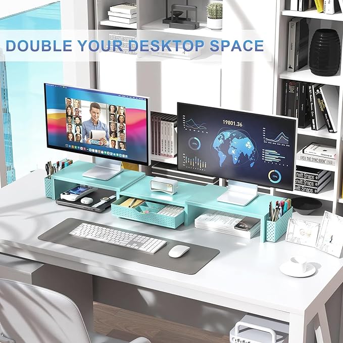 Dual Monitor Stand Riser, Desk Organizer With Drawer and 2 Pen Holders, Blue