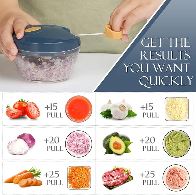 Ourokhome Manual Food Processor Vegetable Chopper, Portable Hand Pull String Garlic Mincer Onion Cutter for Vegetable, Ginger, Fruits, Nuts, Herbs, etc., 500ml, Deep Blue