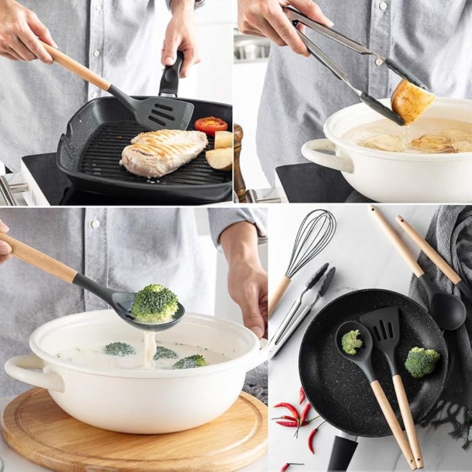 17PCS Silicone Utensils Set with Wooden Handle Heat Resistant Cookware Utensils Kit Easy To Clean Kitchenware Kitchen Tools for Non-Stick Cookware - Gray