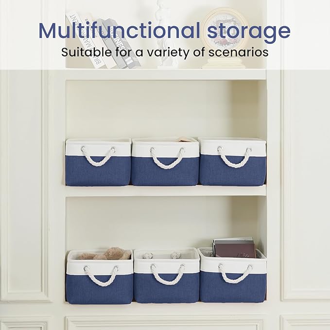 Storage Baskets for Shelves 13.8x9.8x6.7 Inch, 6-Pack, White&Blue
