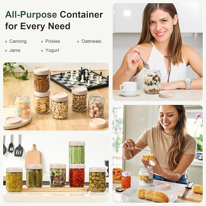 NETANY 6-pack 16oz Glass jars with Airtight Lids, Overnight Oats Containers with Lids, Wide mouth Mason Salad jars