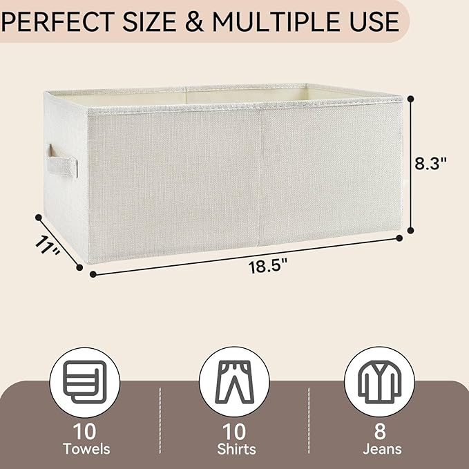 3 Pack Linen Storage Baskets with Handle, Beige