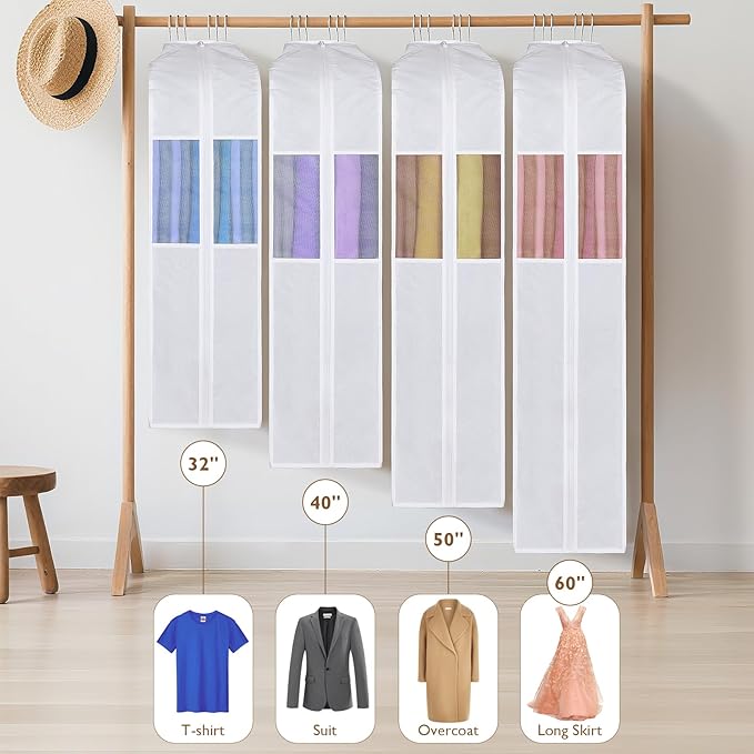 Premium Cotton Garment Bags for Hanging Clothes, 4 Pack