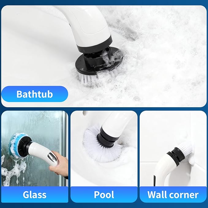 Rechargeable Electric Spin Scrubber, Waterproof Power Cleaner with 7 Brush Heads,1 Window Squeegee,2 Speeds Adjustable Long Handle for Bathroom, Floor