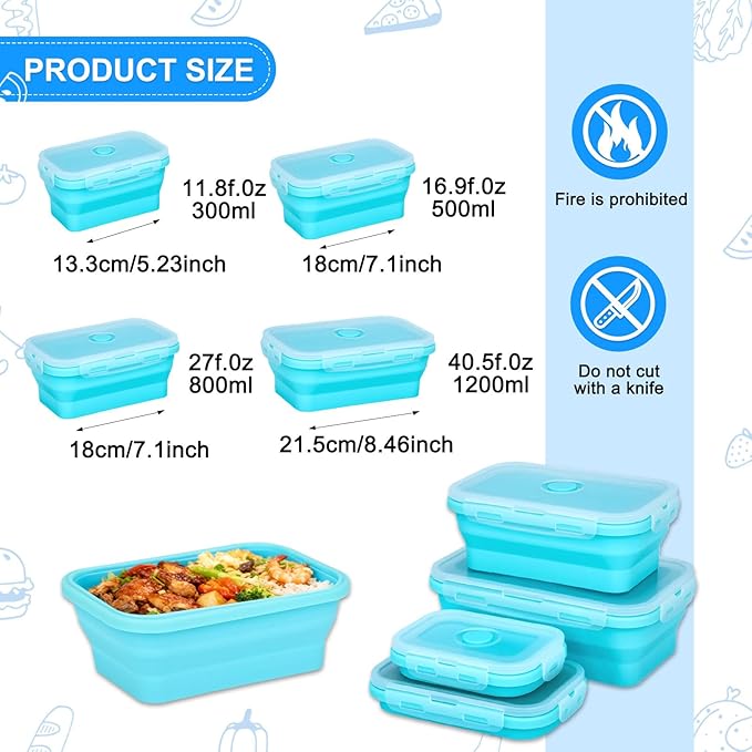 Collapsible Silicone Food Storage Containers 4 Set Airtight Leak Proof Food Containers with Lids Meal Prep for Microwave Freezer Dishwasher for Kitchen Camping Office Sky Blue