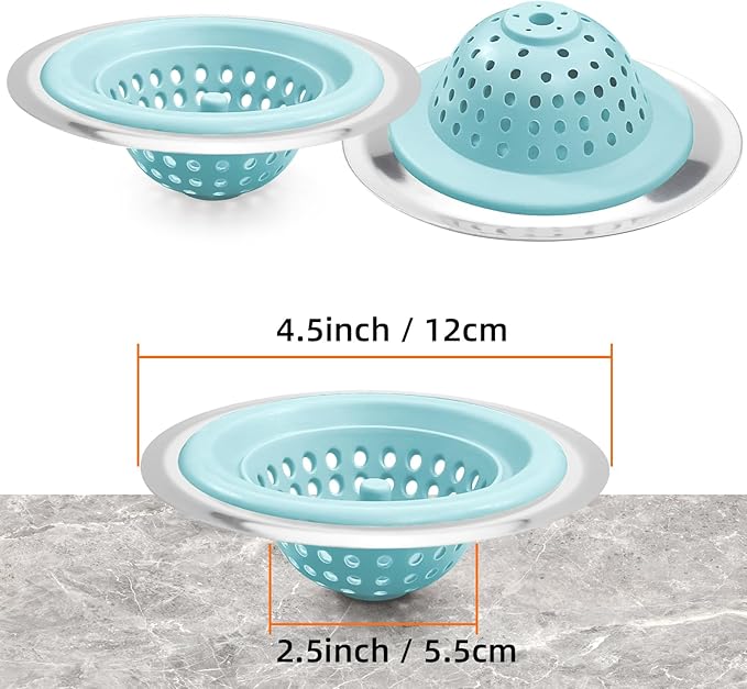Silicone Strainer for Kitchen Sink, 2 Pack, Stainless Steel Reinforced, Basket Strainer, Drain Cover, Food Catcher, Debris Trap