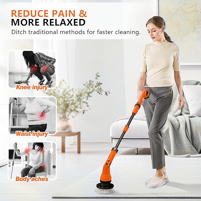 2 Battery Electric Spin Scrubber, 1000RPM Cordless Cleaning Brush Waterproof with 20V Power Supplied, Adjustable Extension Handle, 4 Replaceable Cleaning Heads, Hook, Gloves - for Tub/Tile/Wall/Floor