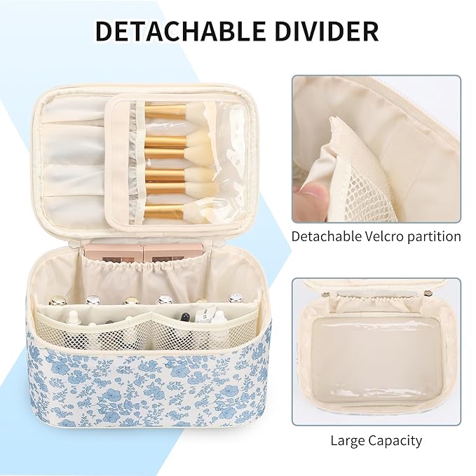 OCHEAL Makeup Bag Portable Cosmetic Bag For Women, Large Capacity Travel Makeup Case Organizer, Toiletry Bag for Girls Traveling With Handle and Divider-Flowers
