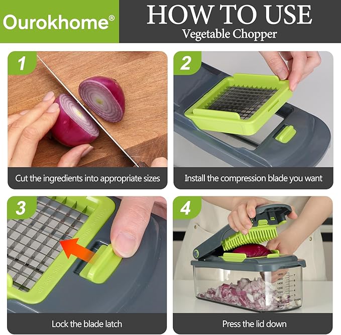 Ourokhome Food Chopper Manual Hand with Container, Mandolin Vegetable Slicer Onion Dicer with 8 Blades, Veggie Shredder for Potato, Tomato, Essential Kitchen Gadgets (8 in 1, Gray)