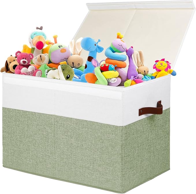 Gowee Large Toy Storage Box with Lid, Sturdy Toys Storage Chest Bin Organizer Basket with Dividers for Kids, Boys, Girls, Nursery, Closet, Bedroom, Playroom 25"x13" x16" (Green and White)