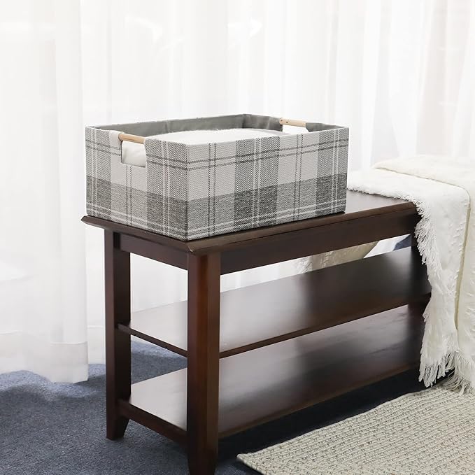Fabric Storage Bin Box Collapsible Cotton Linen Storage Cube with Wooden Handles Rectangular Decorative Home Organizer Clothes Blanket Basket– Light Gray Plaid, Large