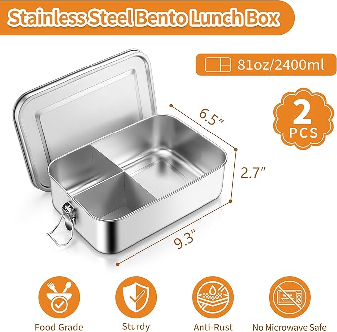 TeamFar 2 Pack Stainless Steel Bento Box, 81oz Metal Lunch Box with 3 Compartments for Adults/Kids, Lunch Food Containers for School/Work/Meal Prep, Leak-Proof & Dishwasher Safe, 2400ML