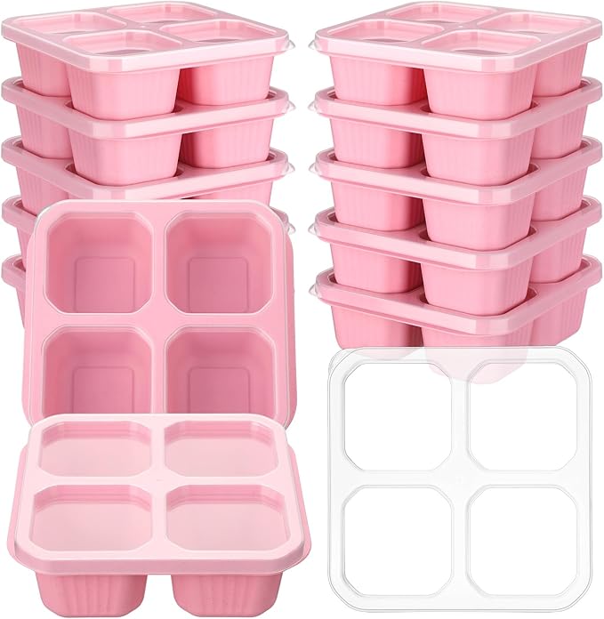 Ziliny 12 Pcs 4 Divided Compartments Snack Containers Bento Wheat Straw Snack Box with Lid Reusable Meal Prep Lunch Box Food Storage Containers for Adults Christmas Travel Work Gifts(Pink)