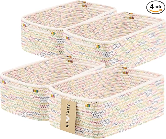 MiniArk Small Storage Baskets for Organizing | Closet Organizer Bins | Shelf Toy Basket | Woven Rope Baskets | Cube Decorative Box | Shallow Basket