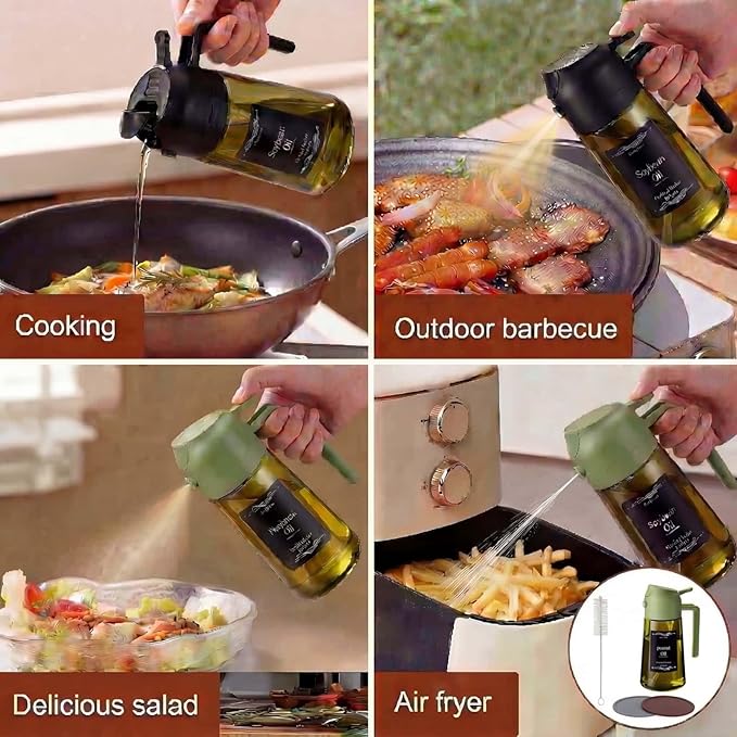 2pcs Oil Sprayer for Cooking;16oz/470ml 2 in 1 oil dispenser and oil sprayer;Light-Blocking Dark Green Glass Oil Bottle for Air Fryer, BBQ, Kitchen Gadgets with cleaning brush,Non-slip mat