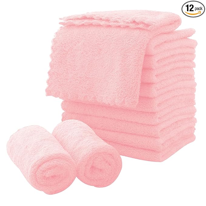 MOONQUEEN Microfiber Facial Cloths Fast Drying Washcloth 12 Pack - Premium Soft Makeup Remover Cloths - Pink