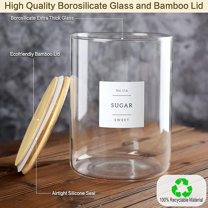 CZSZYGHBAO Large Glass Flour and Sugar Containers Jars with Bamboo Airtight Lid - 100 Fl Oz (3000ml) with Kitchen 42 Pantry Labels for Dry Food, Flour