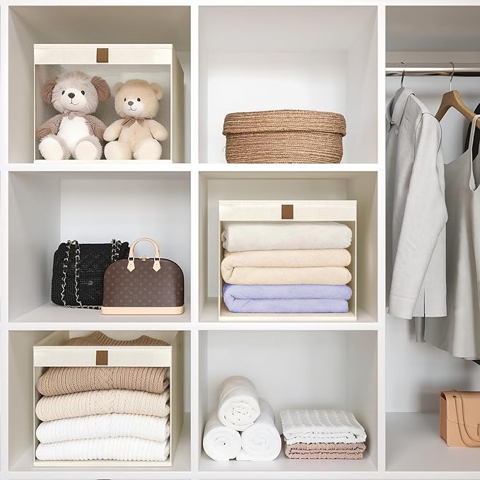 Linen Closet Organizers and Storage, Closet Storage Bins Basket Organizer, Foldable Organization Baskets with Mesh Window for Clothes Towels and Toys, 14.5" x 14.5" x 10.25", Beige, 4 pack