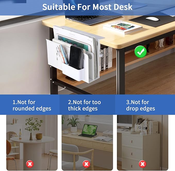 LUKETURE Desk Side Storage, 2 Tier Steel Side Desk Organizer, No Drill Laptop Holder, Clamp on Laptop Mount with Pen Holder, Fits Flat Edge Tables 0.3" to 2.8" (White, L(2 Tier))