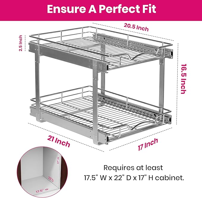 2-Tier Pull-Out Cabinet Organizer with Heavy-Duty Steel Frame, Full-Extension Sliding Shelves, Holds 100 lbs, Easy Install for Kitchen