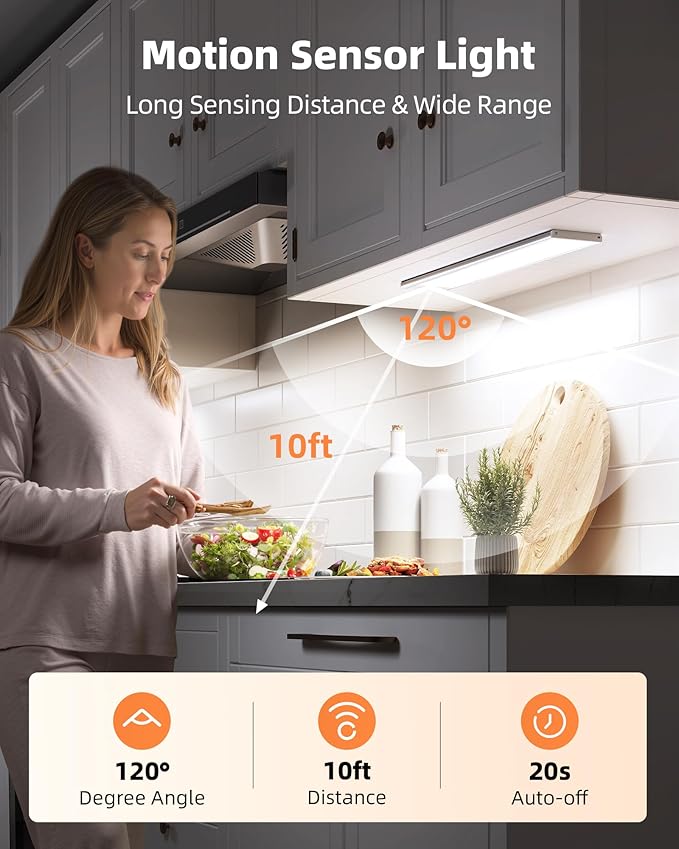EZVALO 5000mAh Under Cabinet Lighting, 200LM Motion Sensor Light Indoor, Rechargeable Magnetic Under Counter Lights, 3-Inch Wide Panel Dimmable Closet Light for Pantry, Wardrobe, Hallway, Kitchen etc.