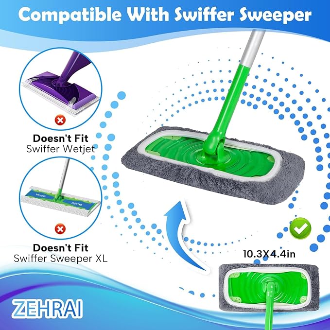 6 Pack Reusable Microfiber Mop Pads Compatible with Swiffer Sweeper Mop, Dry Sweeping Cloths & Wet Mopping Cloths, Washable Wet Pads Refill for Hardwood Surface Floor Cleaning