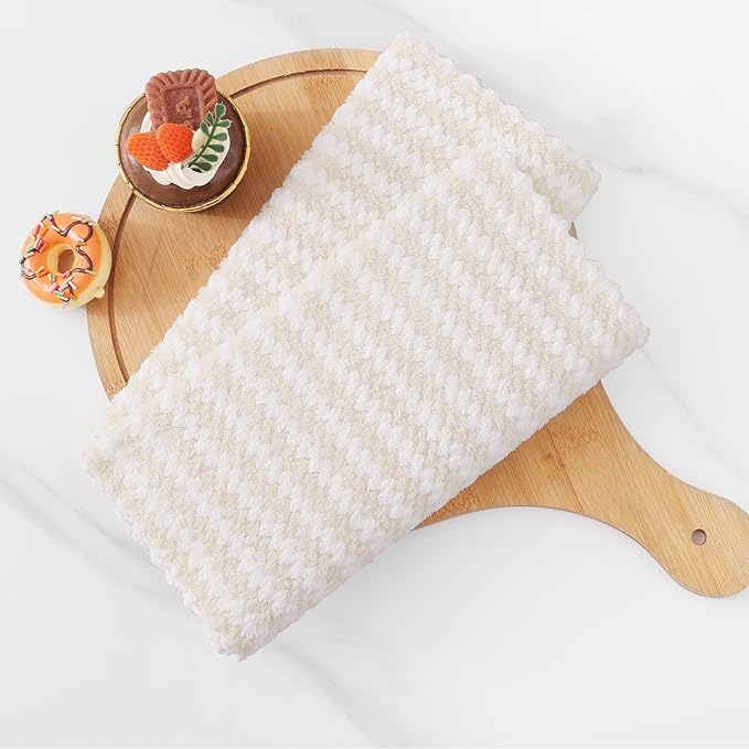 Homaxy Kitchen Towels(12 Pack, 10 x 20 inches), Ultra Soft and Absorbent Dish Towels, Reusable Fast Drying Microfiber Cleaning Cloth, Coral Velvet Wave Design No-lint, Beige