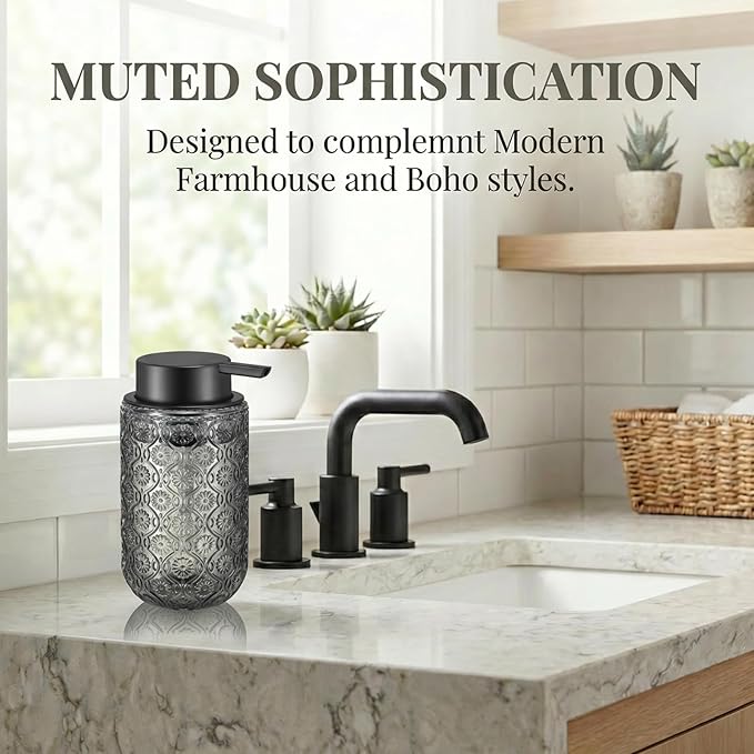 Grey Glass Liquid Hand Soap Dispenser with Matte Black Pump Thick Embossed Bottle Refillable for Bathroom and Kitchen Decor 13.5 oz
