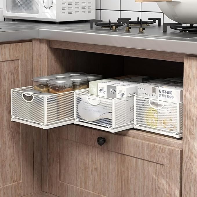 2 Pack Pull Out Cabinet Organizer, No Drill Adhesive Sliding Drawers for Kitchen, Metal Mesh Wire Storage Shelf for Pantry & Under Sink, White (9.6" W x 15.7" D x 8.4" H)