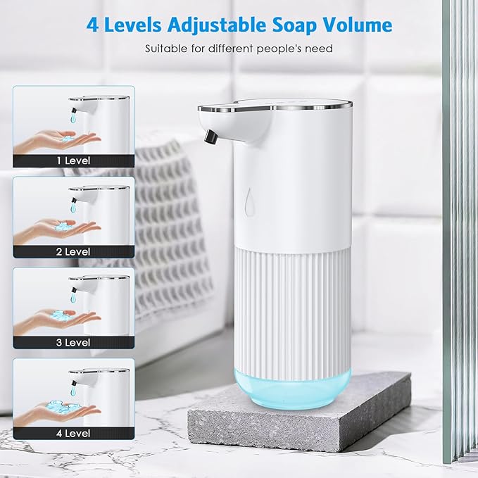 Upgraded 12oz Automatic Soap Dispenser, Hand Soap Dispenser IPX6 Waterproof, USB Rechargeable, 4 Levels Adjustable Automatic Liquid Shower for Kitchen Bathroom