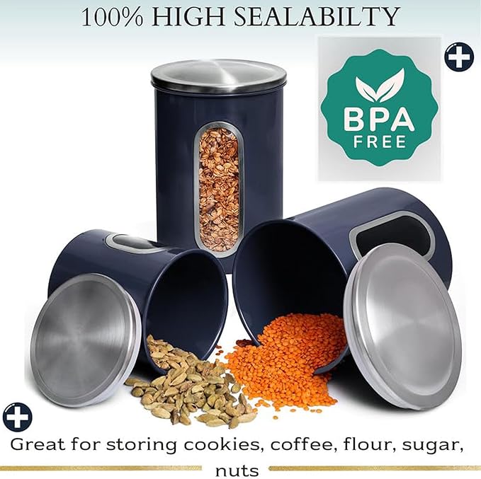 Mixpresso 3-Piece Blue Canisters Sets For The Kitchen, Airtight Canister Set With See Through Window, Storage Jars for Coffee Container
