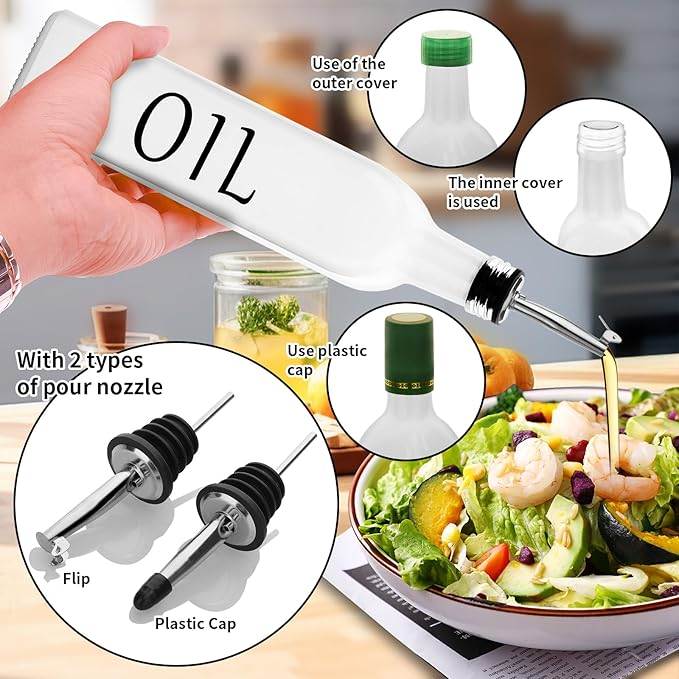 Olive Oil Dispenser Bottle,2 Pcs 17oz 500ml Glass O il and Vinegar Dispenser Set with 2 Stainless Steel Pourers, 8 Labels,Funnel Vinegar Bottles for Kitchen (White Oil & Pink Vinegar)